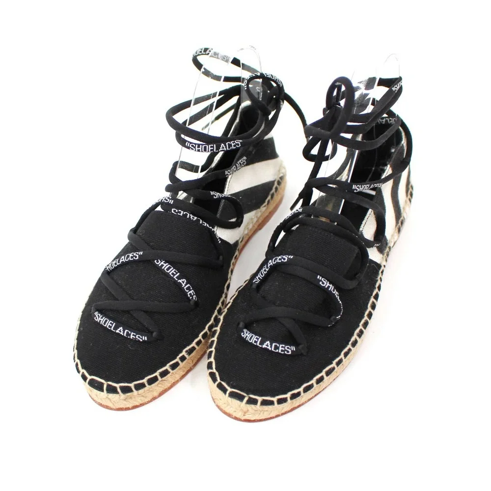Off-White Black White Diagonal Stripe Ankle Wrap Canvas Espadrilles 35 Flats